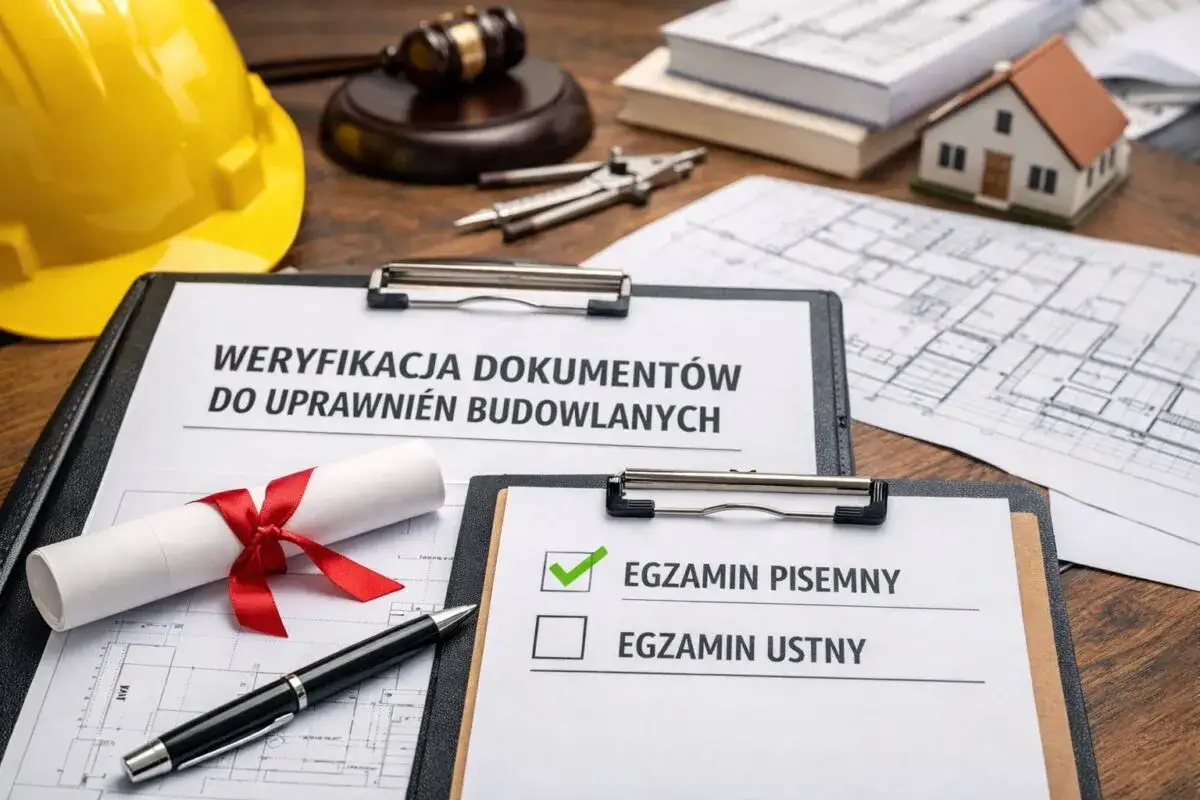 Dokumenty do uprawnień budowlanych elektrycznych: żółty kask, młotek sędziowski, dyplom, długopis, plany architektoniczne i model domu.