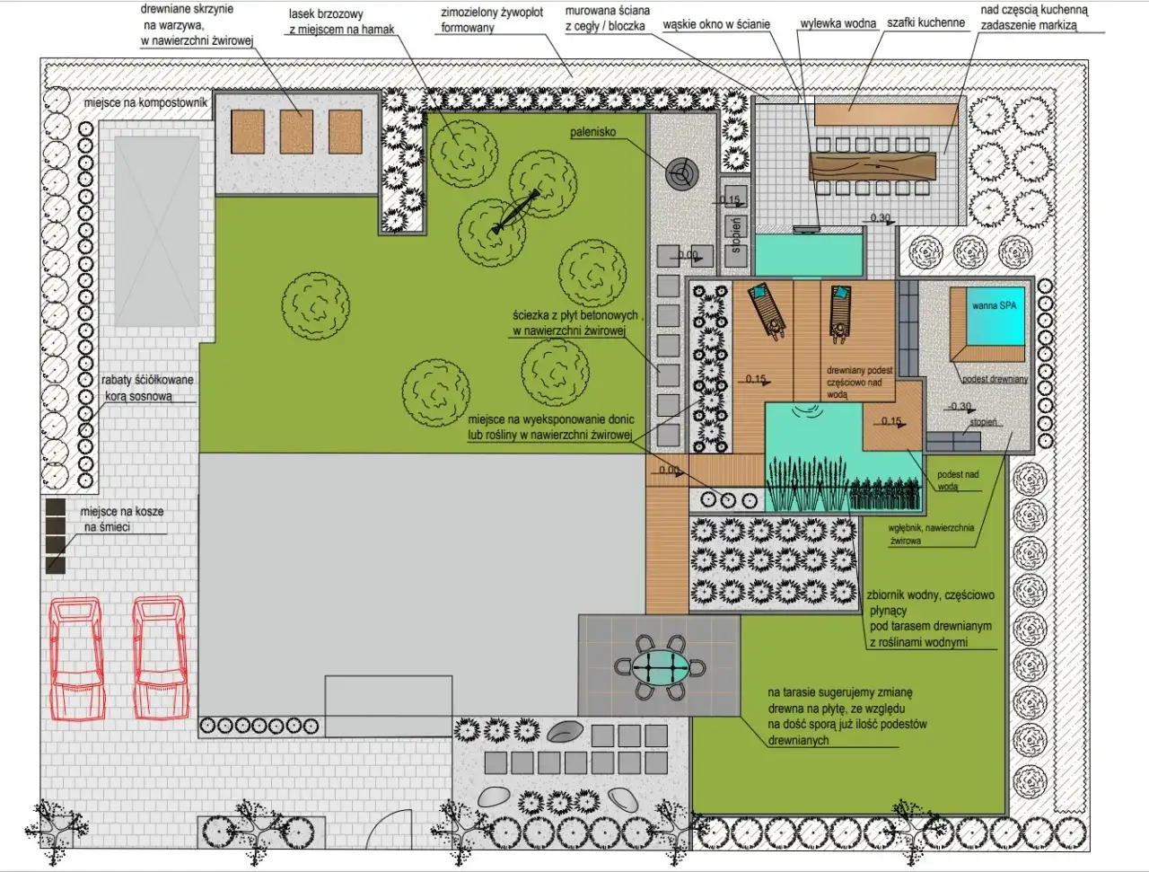 Projekt ogrodu z basenem, SPA, paleniskiem i miejscem na grilla. Wizualizacja zawiera elementy małej architektury, nawierzchnie i roślinność.