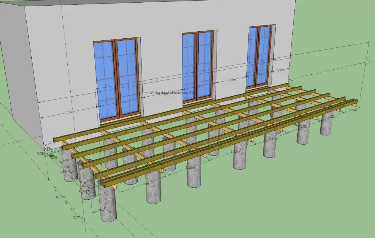 Projekt tarasu z widocznymi legarami podtrzymywanymi przez betonowe słupy. Wymiary legarów pod taras są zaznaczone na rysunku.