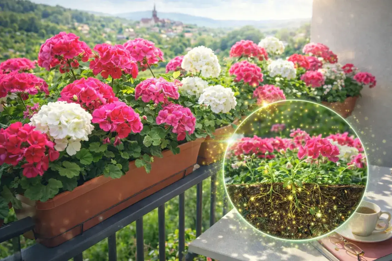 Pelargonie na balkonie kwitną bujnie dzięki idealnej ziemi do pelargonii. Widok korzeni w ziemi sugeruje zdrowe odżywianie.