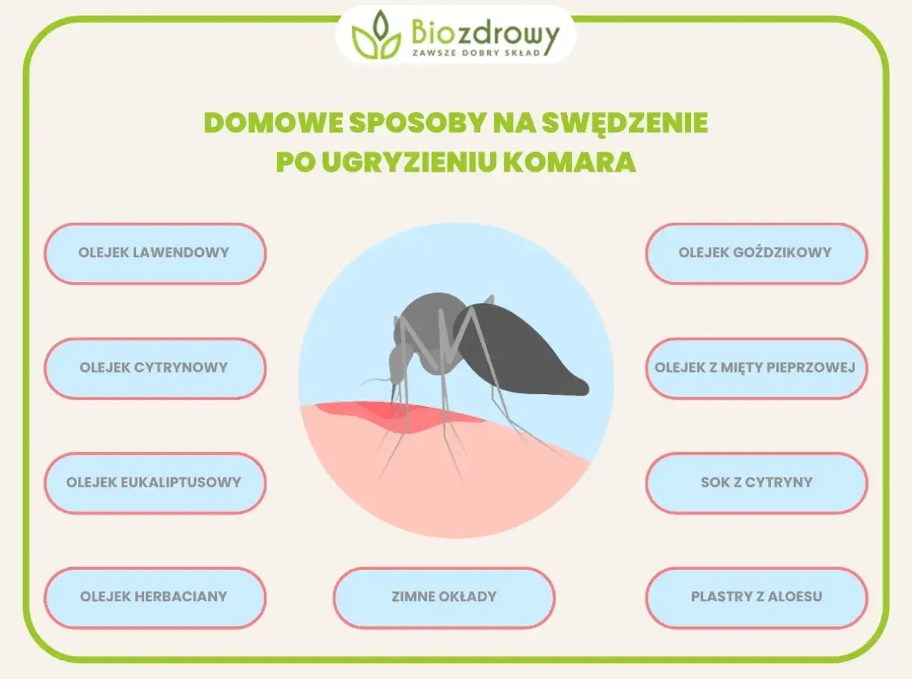 Domowe sposoby na komary: olejek lawendowy, cytrynowy, eukaliptusowy, goździkowy, z mięty pieprzowej, herbaciany, sok z cytryny, zimne okłady, plastry z aloesu.