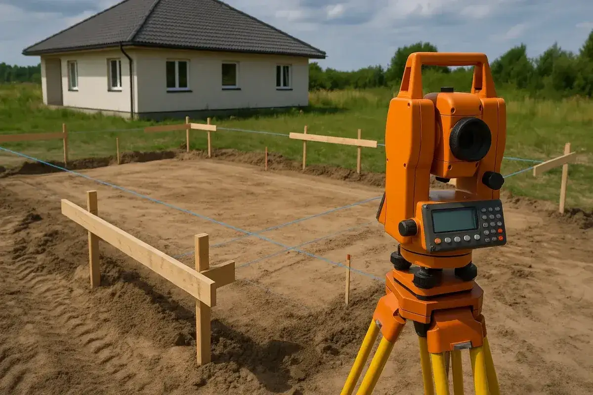 Geodeta przygotowuje teren pod budowę domu. Precyzyjne wyznaczenie każdego punktu jest kluczowe.