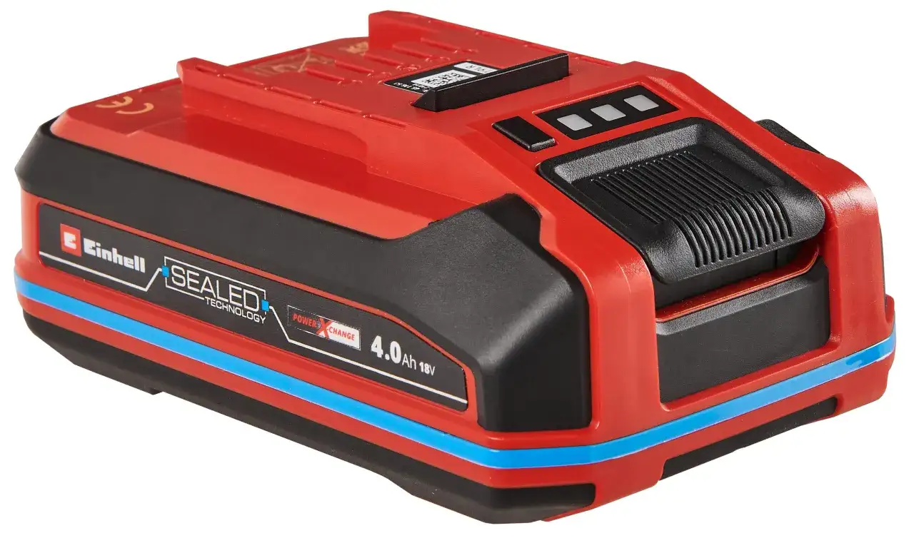 Czerwono-czarny akumulator Einhell 4.0 Ah 18V z technologią Sealed. Wiele pozytywnych einhell opinie potwierdza jego niezawodność.