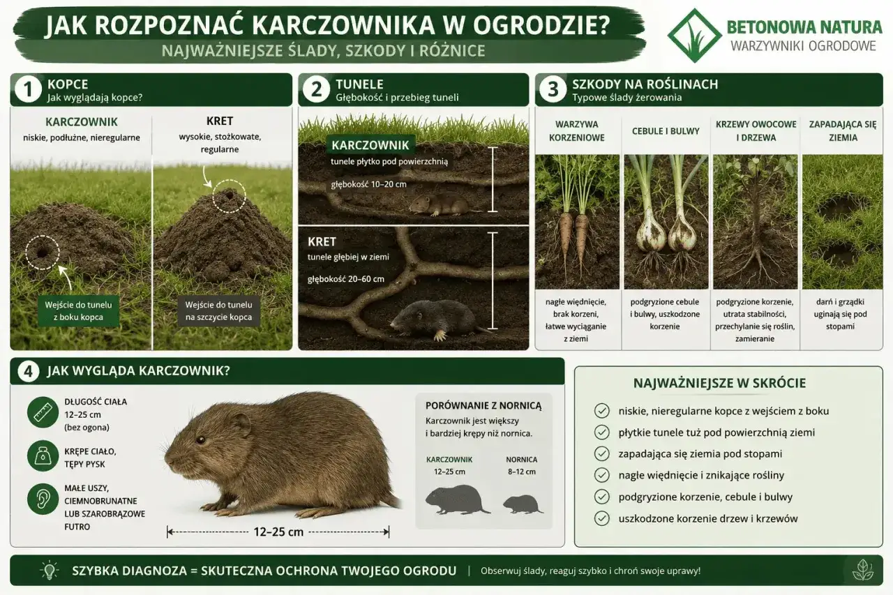 Karczownik w ogrodzie: niskie kopce, płytkie tunele, podgryzione korzenie warzyw i cebul. Zwierzę ma krępe ciało, tępy pysk.