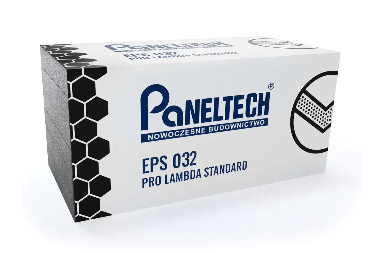 Opakowanie styropianu Paneltech EPS 032 Pro Lambda Standard z geometrycznym wzorem plastra miodu.
