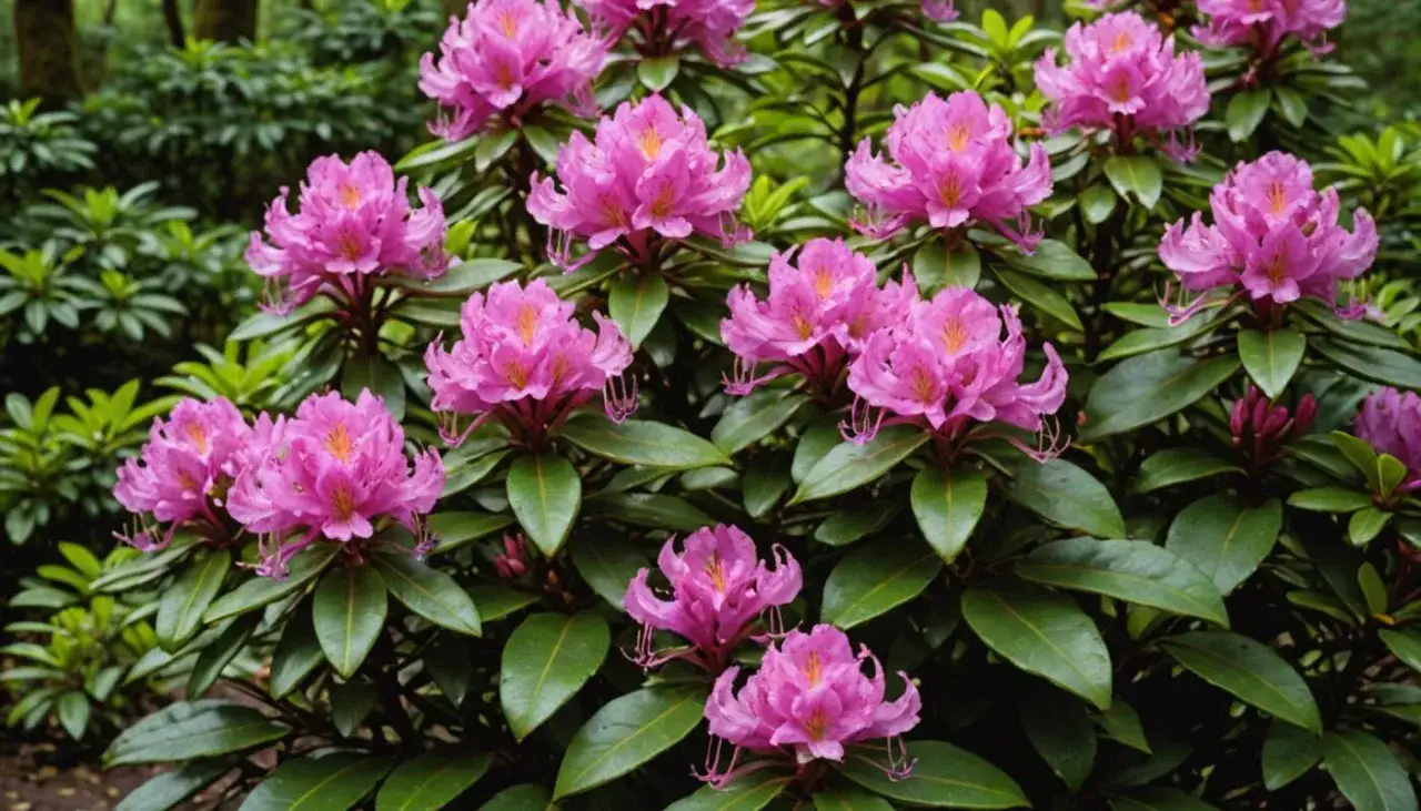 Krzew rododendronu z licznymi, różowymi kwiatami. Pielęgnacja rododendronów wymaga odpowiedniego stanowiska i gleby.