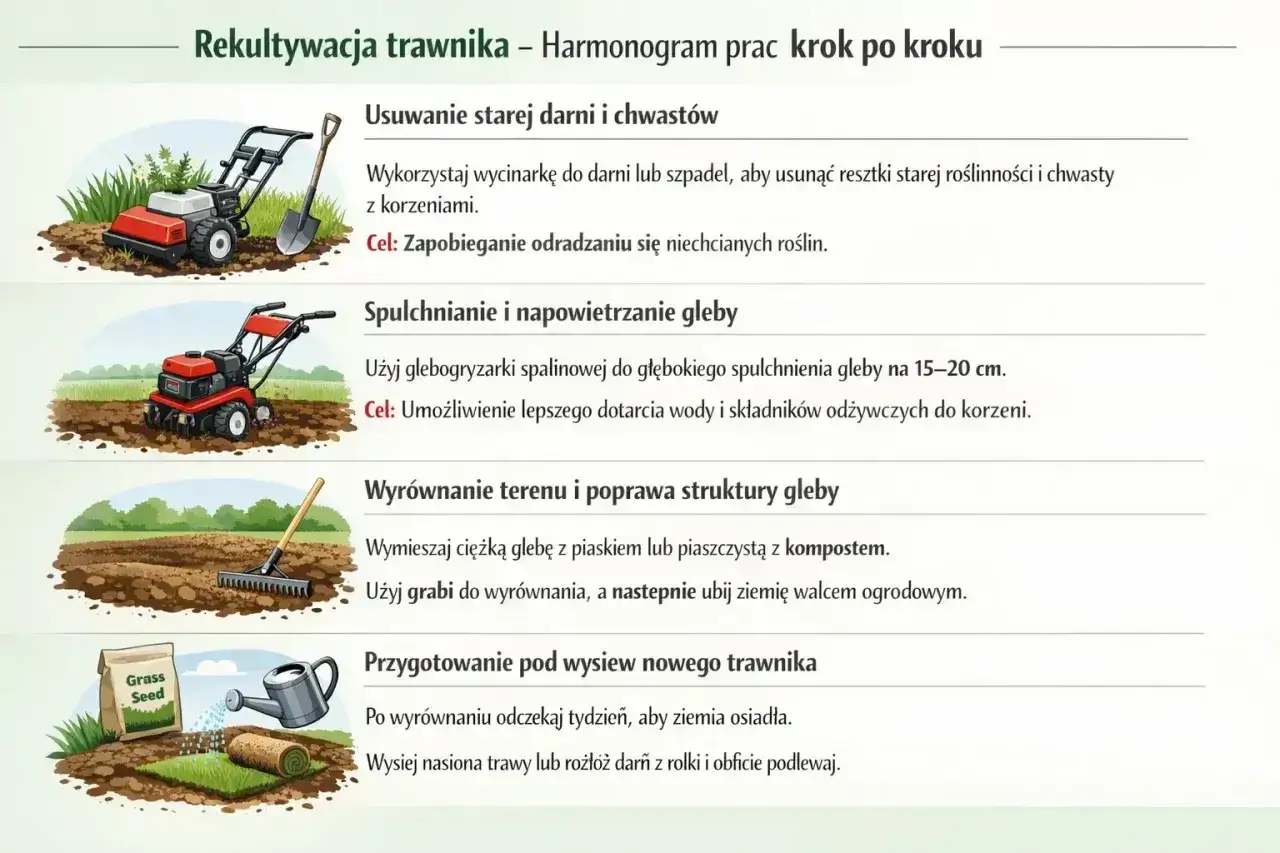 Ilustracja pokazuje etapy przygotowania gruntu pod nowy trawnik: usuwanie starej darni, spulchnianie gleby, wyrównywanie terenu i siew nasion. Zobacz, ile wschodzi trawa po tych pracach!