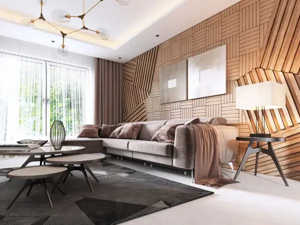 Nowoczesny salon z sofą i stolikami kawowymi. Ściana z drewna w geometryczne wzory to stara boazeria w nowej odsłonie.